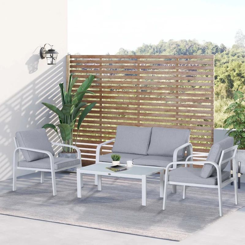 Outsunny 4pcs Garden Sofa Set 2 Single Armchair, 1 Bench & 1 Coffee Table Set Aluminum Frame Patio Furniture with Cushions, White