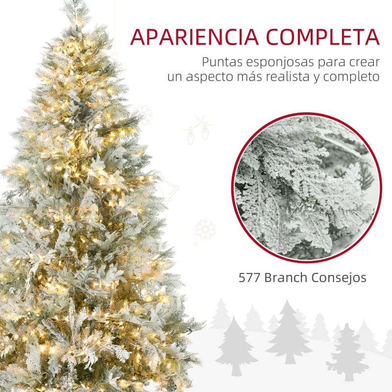 HOMCOM Árbol de Navidad Artificial 180 cm con 300 Luces LED Blancas Cálidas con 577 Ramas Apertura Automática Base Plegable
