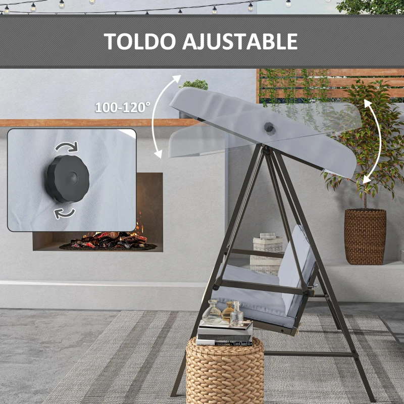 Outsunny Balancín de Jardín de 3 Plazas Columpio Exterior Jardín con Toldo Ajustable Cojines Extraíbles 200x125x175 cm Gris