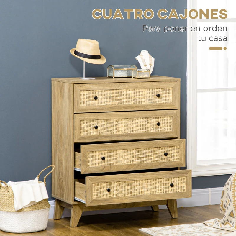 HOMCOM Cómoda con 4 Cajones Cajonera de Madera con Frontales de Ratán Estilo Cannage para Dormitorio 80x35x95 cm Natural(m-5)