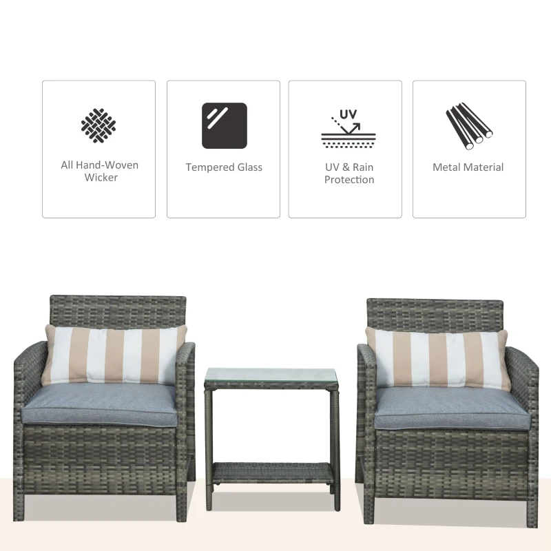 Outsunny 3 Pieces Rattan Bistro Set, Wicker Garden Furniture Set, Glass Top 2-tier Coffee Table and Chairs Set with Pillows and Washable Cushions for Outdoor, Patio, Balcony, Grey