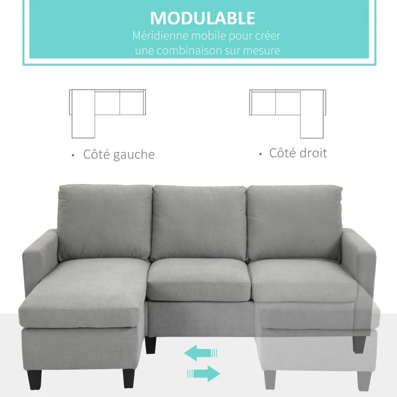 HOMCOM Canapé d'angle canapé 3 places avec méridienne réversible gauche ou droite pour salon, bureau, appartement, tissu polyester 197L x 139l x 91H cm gris clair