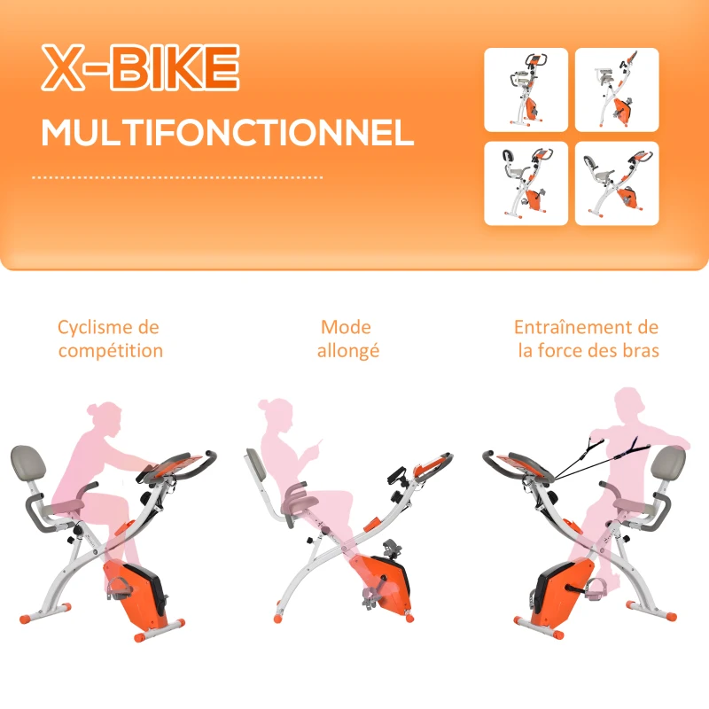 HOMCOM Vélo d'appartement pliable, vélo d'exercice, home traîner pour adultes, 8 niveaux de résistance magnétique, capteurs pouls main, écran LCD multifonction, selle réglable, acier, orange, blanc