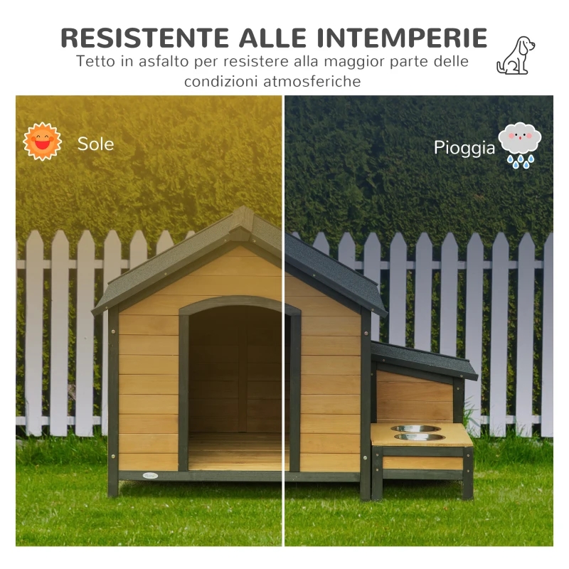 PawHut Cuccia per Cani Taglia Media con 2 Porta Ciotole, Box Esterno e Tetto in Bitume, 130x93x92cm