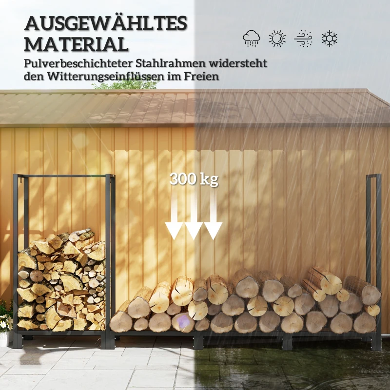 Outsunny Feuerholzgestell, zwei Abschnitte, rostfreier Stahlrahmen, bis 300 kg, 240 x 32 x 115 cm, Schwarz
