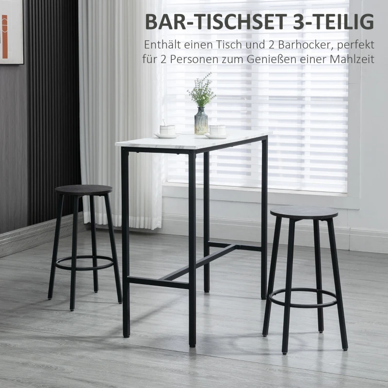 HOMCOM Bar-Set für 2 Personen, 1 Tisch mit 2 Barhockern, Tischplatte in weißer Marmoroptik, Stahlrahmen