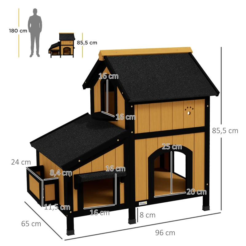 PawHut Katzenhaus Katzenhütte Katzenhöhle, inkl. Blumenkasten, 96 cm x 65 cm x 85,5 cm, Gelb + Weiß + Schwarz(m-3)
