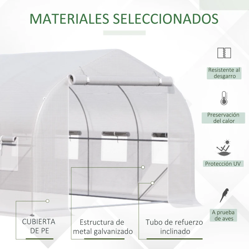 Outsunny Invernadero de Túnel 6x3x2 m Invernadero de Jardín con Puerta y 12 Ventanas Enrollables de Polietileno 140g/㎡ y Acero Galvanizado Huerto para Cultivos Plantas Flores Blanco