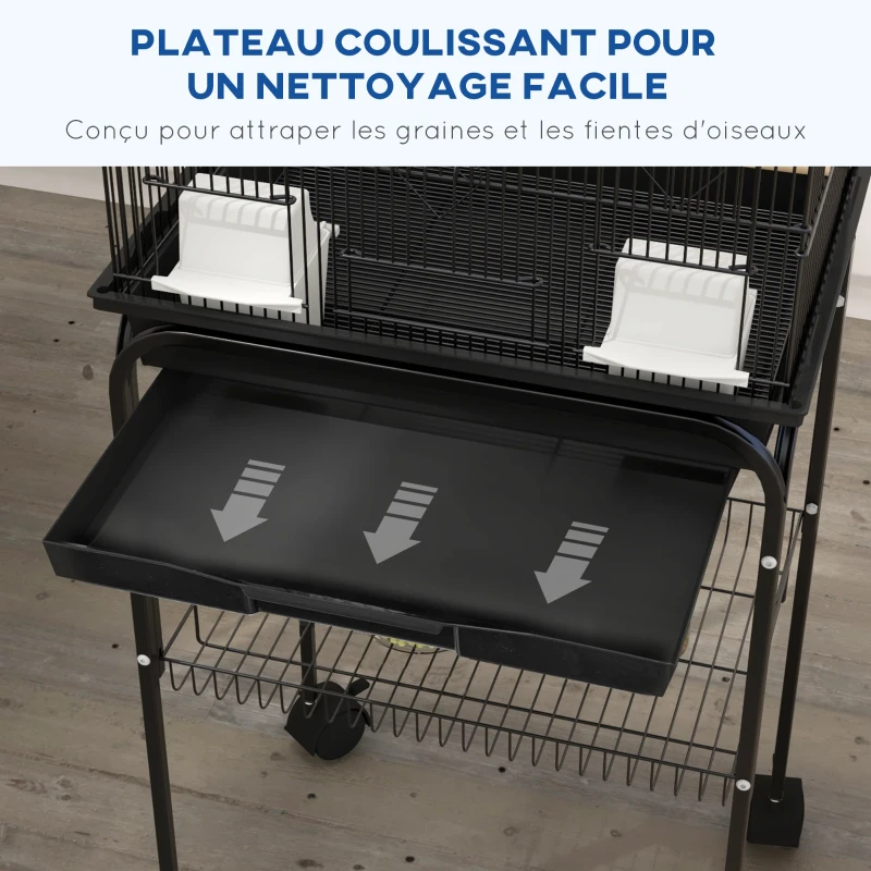 PawHut Cage à oiseaux design maison mangeoires perchoirs 3 portes plateau excrément amovible + poignée transport noir