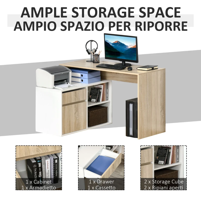 HOMCOM Scrivania Angolare, Scrivania ad Angolo per Computer da Camera o Ufficio, Scrivania Salvaspazio in Legno, Rovere e Bianco