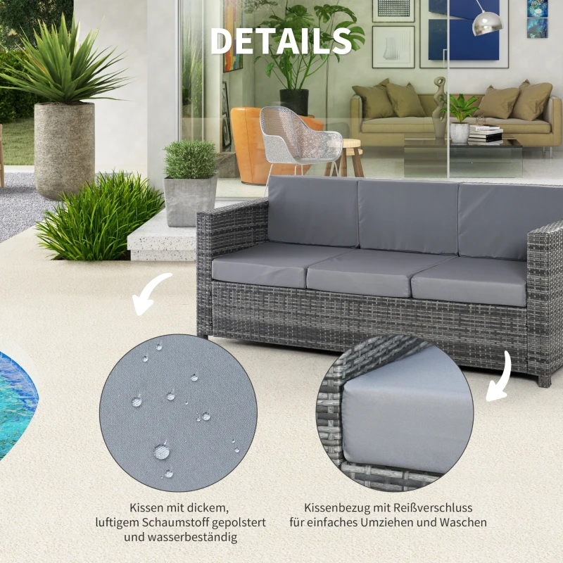 Outsunny Poly-Rattan Sofa mit Kissen 3-Sitzer Garten Loungesofa Metall Polyester Grau 185 x 70 x 80 cm