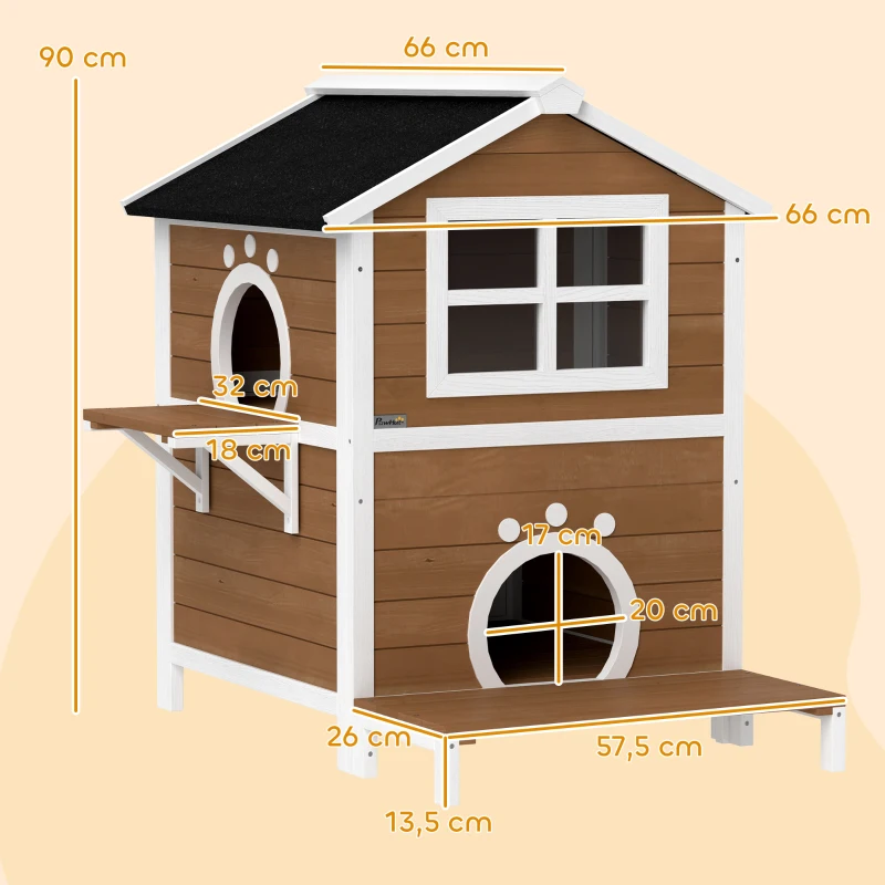 PawHut Outdoor-Katzenhaus mit wetterfestem Dach, Fenster, Balkon, herausnehmbarem Boden, 2 Ebenen, für 1-2 Katzen, Braun(m-3)