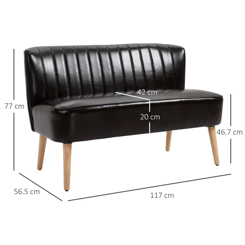 HOMCOM Divano 2 Posti in Finta Pelle Senza Braccioli Design a Righe, Divanetto 2 Posti Imbottito Salvaspazio Moderno con Gambe in Caucciù per Soggiorno Salotto, 117x56.5x77 cm, Marrone Scuro