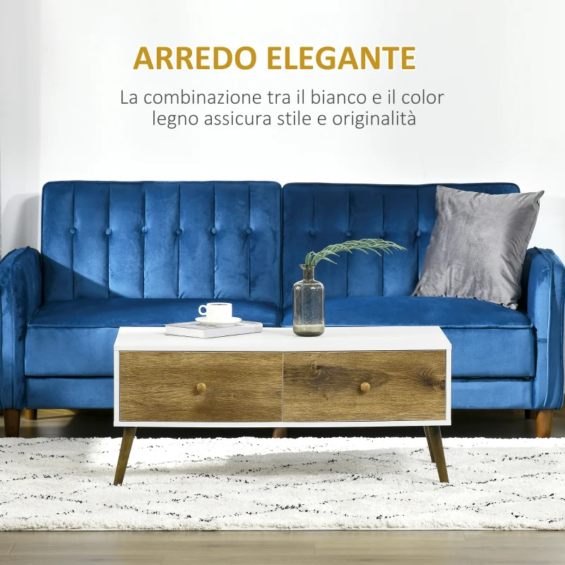 HOMCOM Tavolino da Salotto in Stile Nordico con 4 Cassetti, 100x53.3x45cm - Bianco e Color Legno