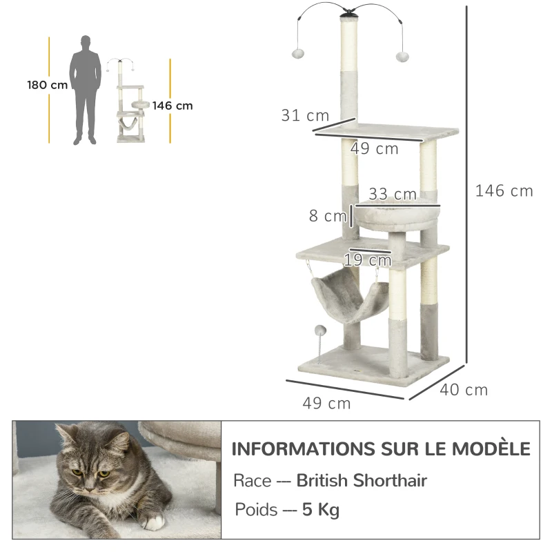 PawHut Arbre à chat griffoir arbre à grimper stable à plusieurs niveaux centre d'activités hauteur 140 cm gris