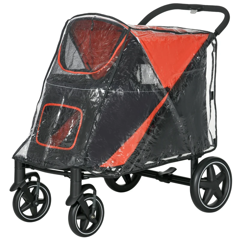 PawHut One-Click Foldable Pet Travel Stroller with Rain Cover, Cat Dog Pushchair with Universal Front Wheels, Shock Absorber, Storage Bags, Mesh Window, Safety Leash for Large and Medium Dogs (Red)