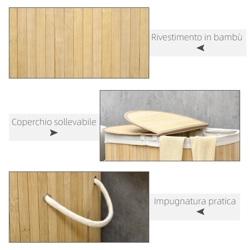 HOMCOM Cesto Portabiancheria a 2 Sezioni, 2 Coperchi e Capacità 100L con Sacca Interna Removibile, 62.5x37x60.5 cm