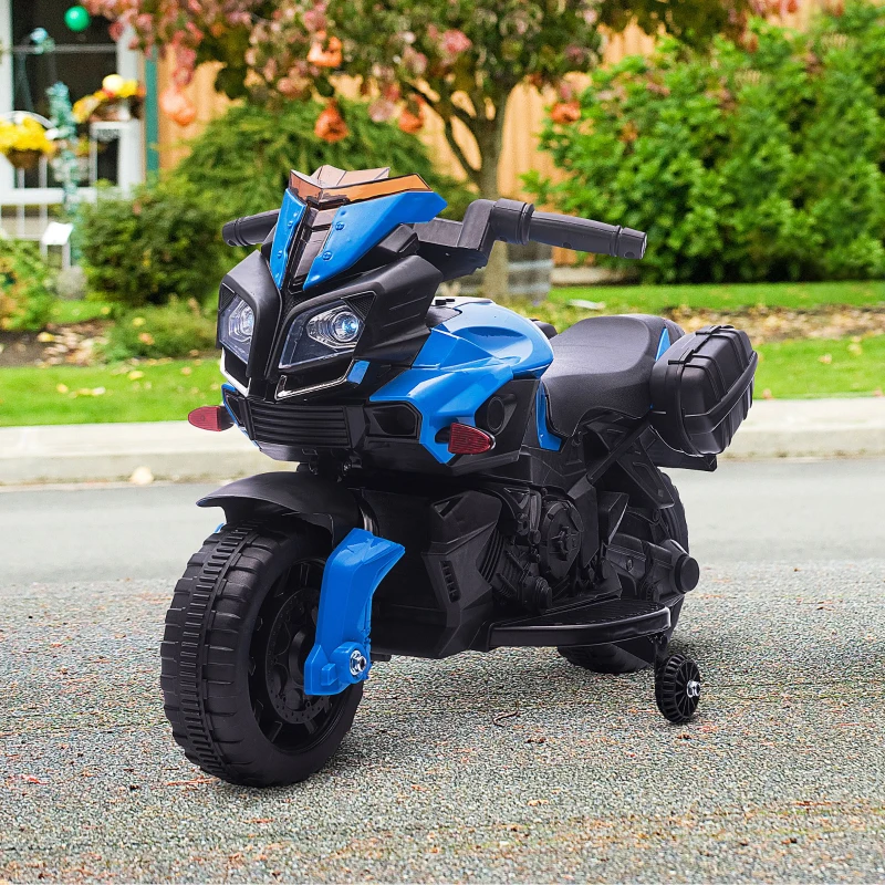 HOMCOM Moto Eléctrica para Niños de 18-48 Meses 6V con Faros Bocina 2 Ruedas de Equilibrio 88,5x42,5x49 cm Azul y Negro