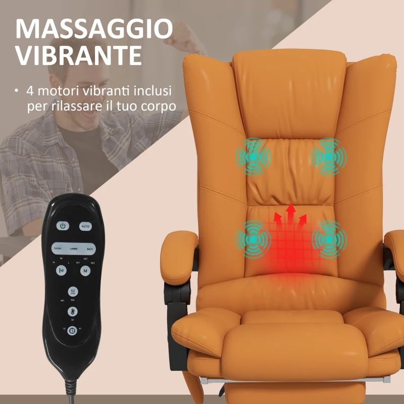 Vinsetto Poltrona da Ufficio Massaggiante e Riscaldata, Reclinabile con Poggiapiedi, Finta Pelle Marrone Chiaro