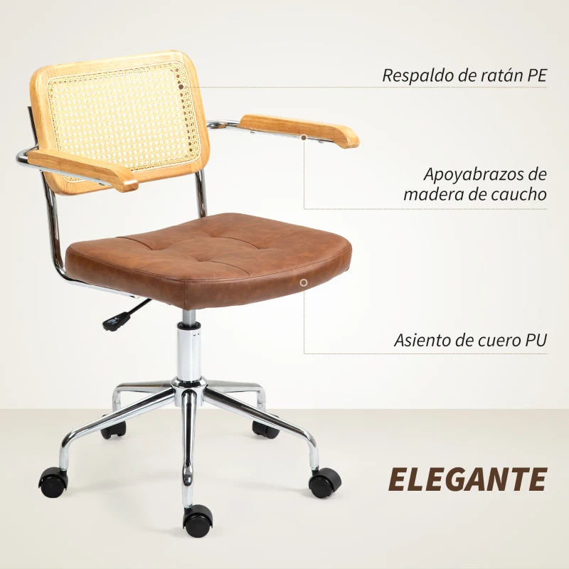 HOMCOM Silla de Escritorio Altura Ajustable con Función de Basculante y Respaldo de Ratán Sintético 60x55,5x82-90 cm Marrón
