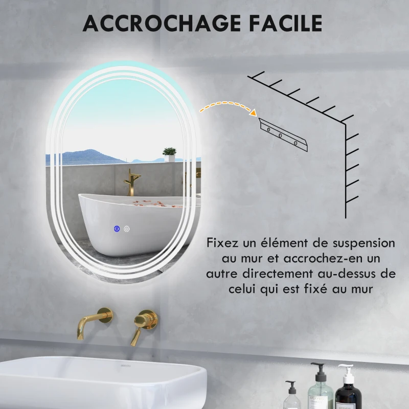 kleankin Miroir de salle de bain ovale lumineux LED 3 couleurs luminosité réglable interrupteur tactile, anti-buée, 70 x 50 cm