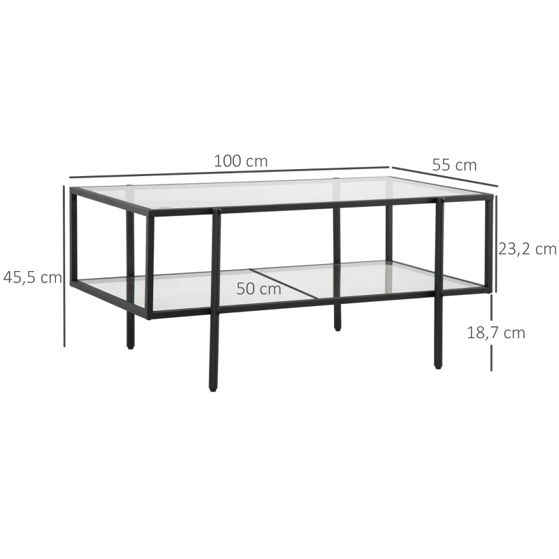 HOMCOM Couchtisch mit Ablage, verstellbare Füße, Stahlrahmen, Glasplatte, 100 x 55 x 45,5 cm, Weiß
