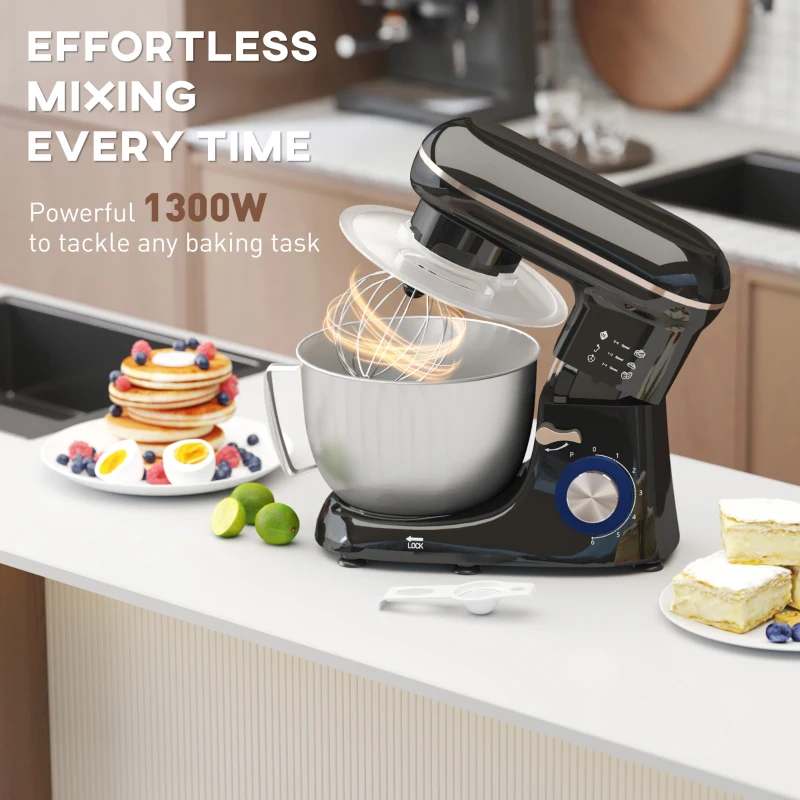 HOMCOM 1300W Kitchen Stand Mixer, with Accessories - Black(m-4)