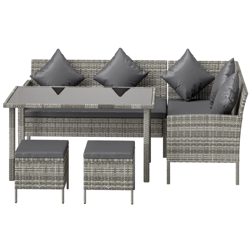 Outsunny tsunny 6-Seater Rattan Dining Set Sofa Table Footstool Outdoor w/ Cushion Garden Furniture, Dark Grey