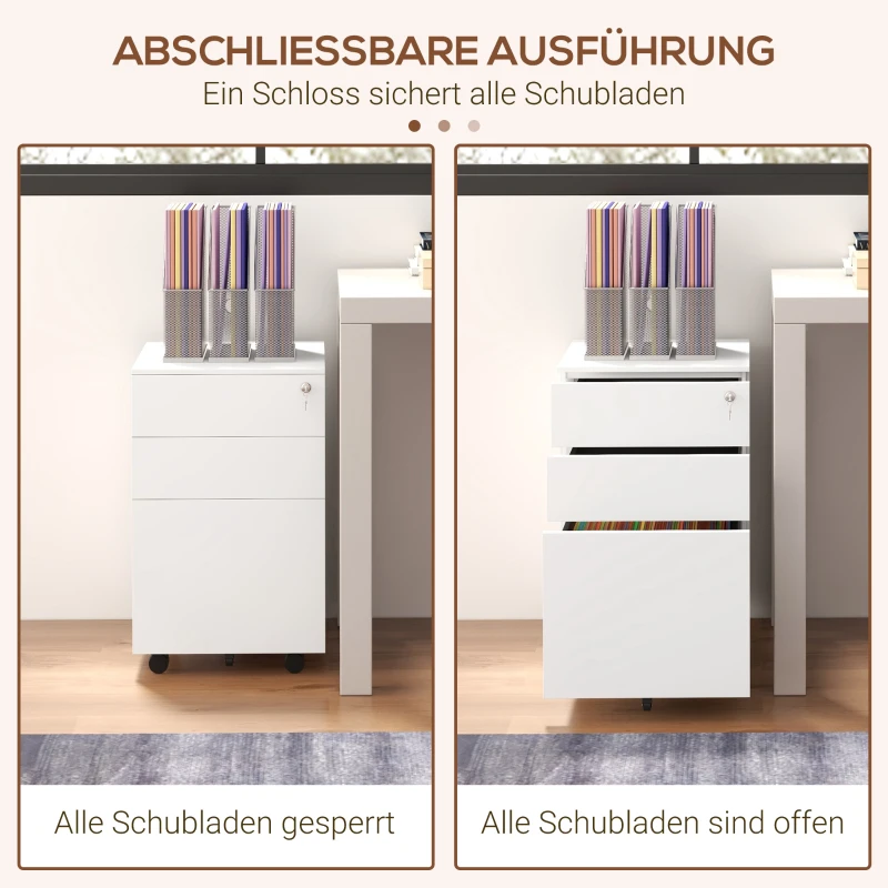 Vinsetto Rollcontainer Aktenschrank, 3 Schubladen, abschließbar, rollbar, 37 cm x 43,5 cm x 60 cm, Weiß