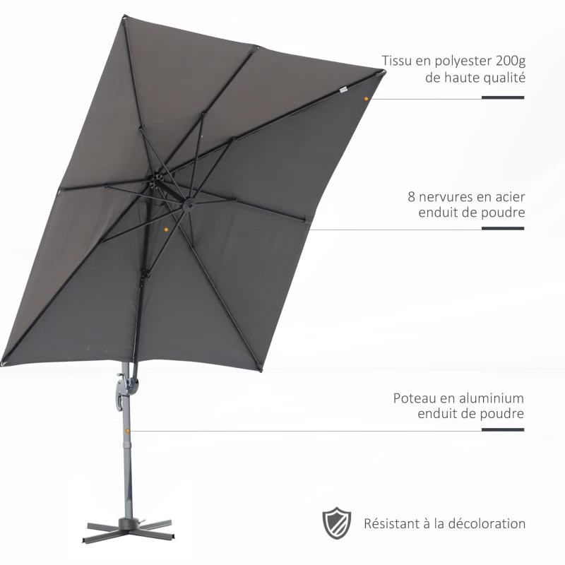 Outsunny Parasol déporté carré inclinable manivelle avec pied en acier dim. 2,5L x 2,5l x 2,5H m alu. polyester haute densité gris