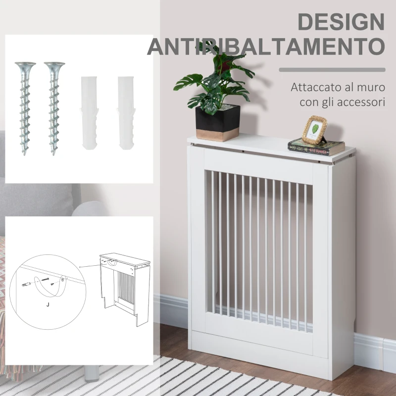 HOMCOM Copritermosifone a Doghe Moderno ed Elegante per la Casa, in MDF e Acciaio, 60x18x84cm, Bianco