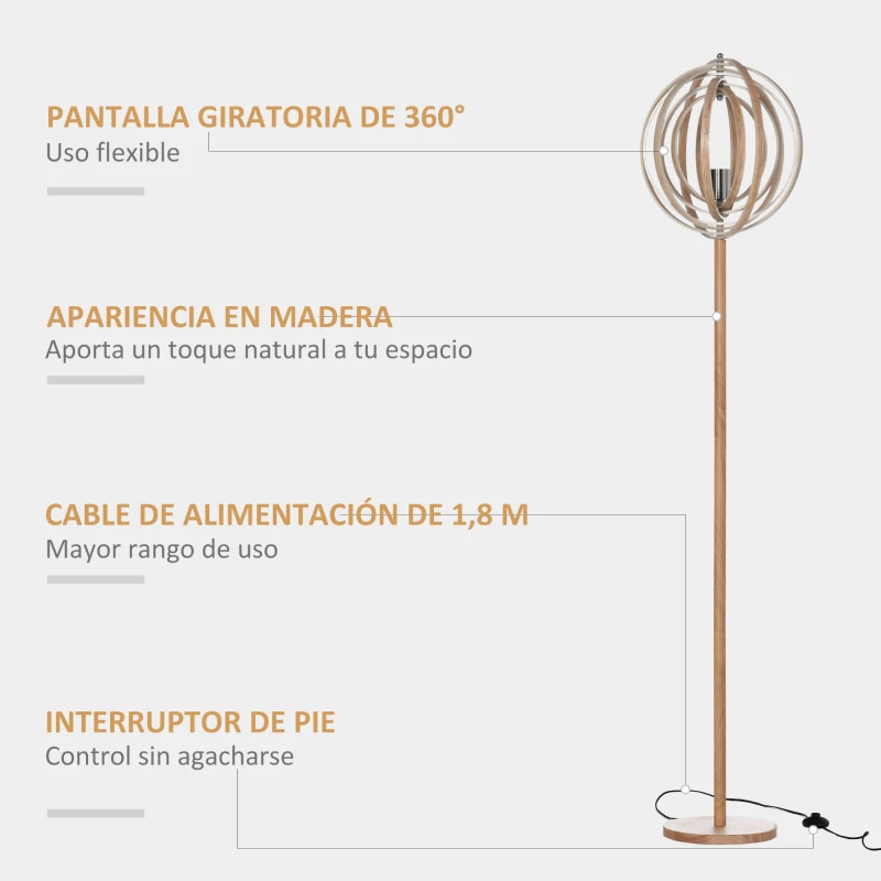 HOMCOM Lámpara de Pie con Pantalla Giratorio Lámpara de Suelo con Base de Madera para Salón Comedor Dormitorio Estudio E27 Máx. 40W Interruptor de Pie 38x38x160 cm Natural