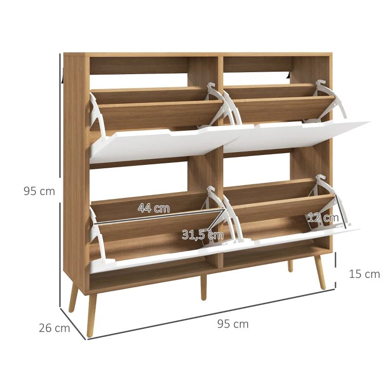 HOMCOM Mueble Zapatero con 4 Cajones Abatibles y Estantes Ajustables Armario de Zapatos para 16 Pares 95x26x95 cm Natural(m-3)