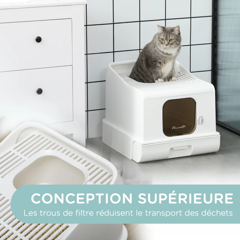 PawHut Maison de toilette pour chat 2 portes avec pelle et bac amovible - roulettes et poignée - PE blanc