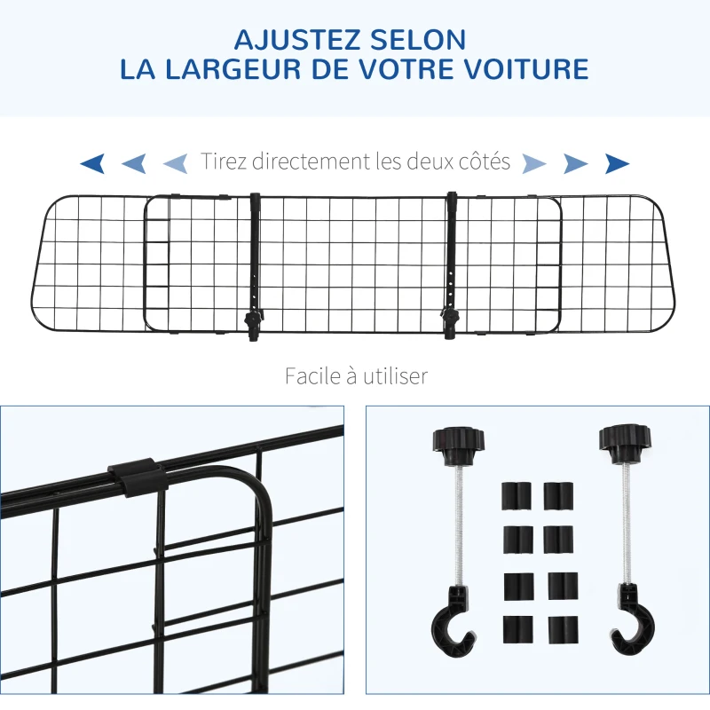 PawHut Grille de séparation voiture universelle pour chien barrière de protection animaux longueur réglable dim. 91-152L x 30H cm kit complet installation inclus métal noir