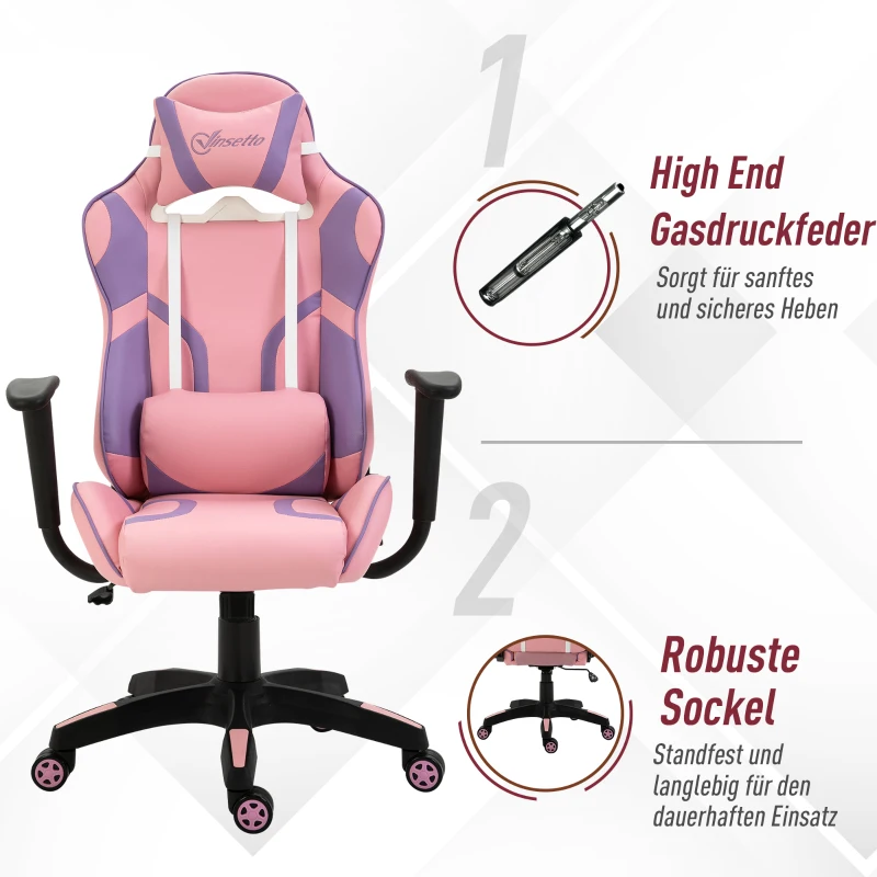 Vinsetto Ergonomischer Gaming Stuhl Bürostuhl Drehstuhl Verstellbares Massage Lendenkissen Höhenverstellbar Rosa&Violett 69x56x125,5 cm