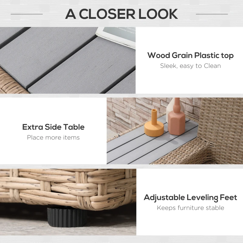 Outsunny 4 Pieces Rattan Garden Furniture Set, Garden Corner Sofa with Side Trays, Wicker Conservatory Furniture Set with Loveseats, Slatted Plastic Top Coffee Table and Cushions, Beige