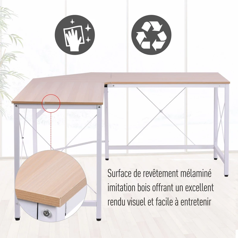 HOMCOM Bureau d'angle Bureau Informatique Design Moderne métal MDF Imitation Bois chêne et Blanc