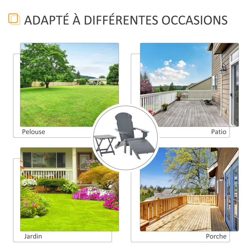 Outsunny Fauteuil de Jardin Adirondack Pliable avec Repose-Pied et Table Basse Bois Sapin traité Gris