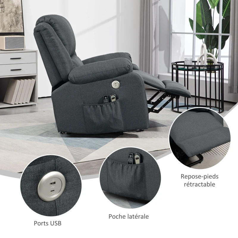 HOMCOM Fauteuil releveur électrique fonction massage et chauffage inclinaison réglable ports USB 87 x 92 x 105 cm gris