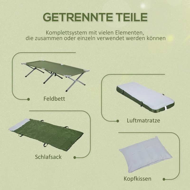 Outsunny Campingbett Feldbett, 5-teiliges-Set, inkl. Transporttasche, 193 x 86 x 43/63 cm, Grün