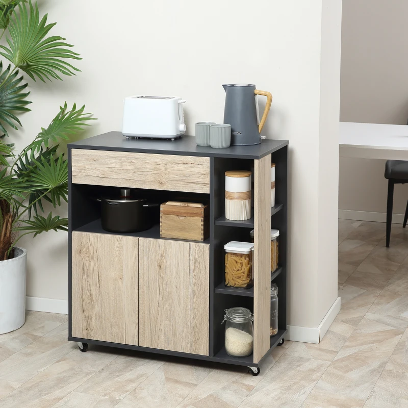 HOMCOM Carrello da Cucina Multiuso con Cassetto, Armadietto e Scaffale, 80x39x86.5cm, Legno e Nero