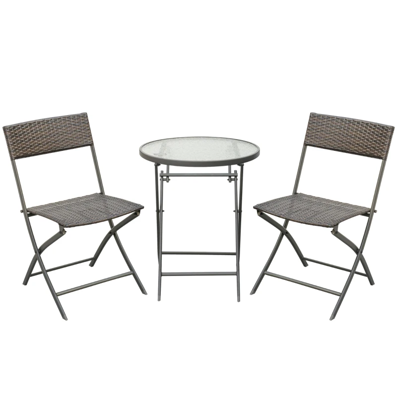 Outsunny Set da Giardino da 3 Pezzi con 2 Sedie e Tavolo Rotondo Pieghevoli, Piano in Vetro Temperato, in Rattan Sintetico, Color Cioccolato