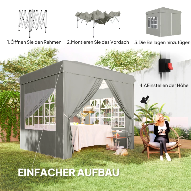 Outsunny 2,5 x 2,5 m Pop-up-Pavillon mit Seitenwänden und Tragetasche, UPF50+ höhenverstellbares Gartenzelt, Hellgrau