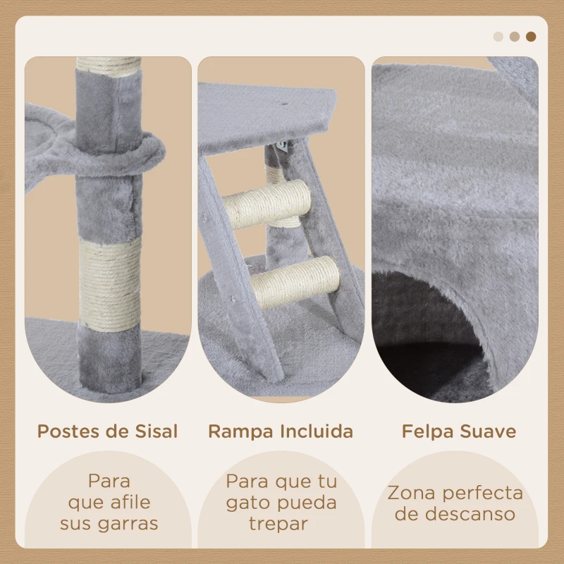 PawHut Torre para Gatos 55x40x125 cm con Postes Escalera Cueva Espaciosa Hamaca y Varias Plataformas Gris