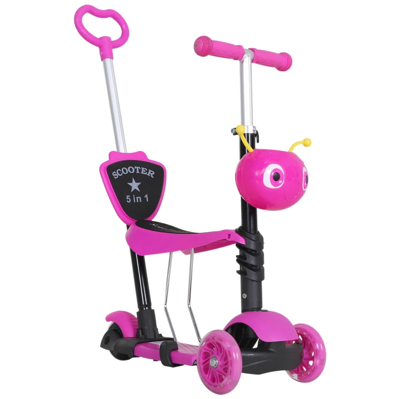 HOMCOM Monopattino 3 Ruote per Bambini con Sedile e Maniglione, Manubrio con Altezza Regolabile, 62x25x72.5cm Rosa