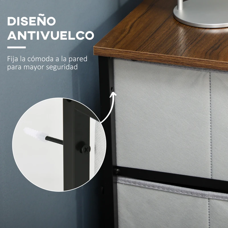 HOMCOM Cómoda Cajonera con 6 Cajones de Tela Plegable Marco de Acero y Almohadillas Ajustables 80x30x62,5 cm Gris y Marrón