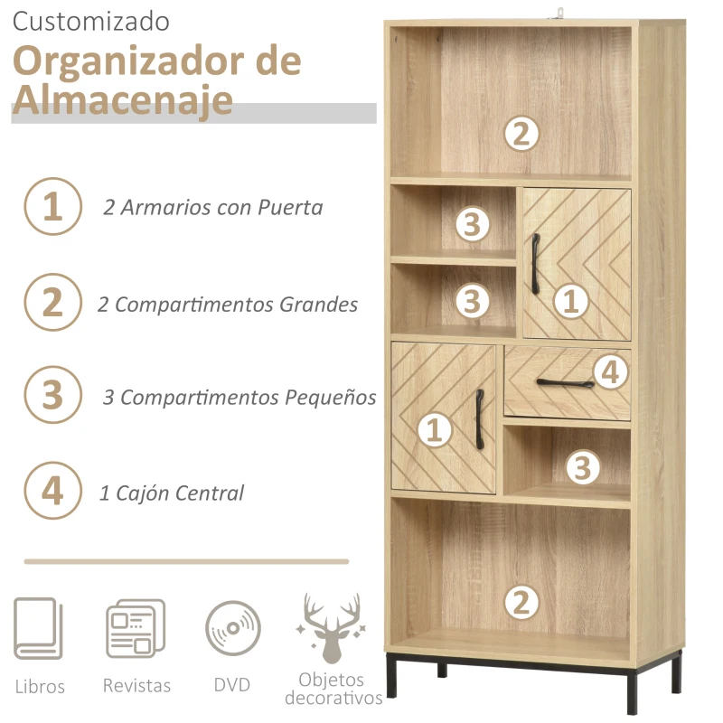 HOMCOM Librería Estantería para Libros CDs DVDs con 5 Compartimentos Cajón 2 Armarios de Puerta y Dispositivo Antivuelco 60x30x150 cm Madera Natural