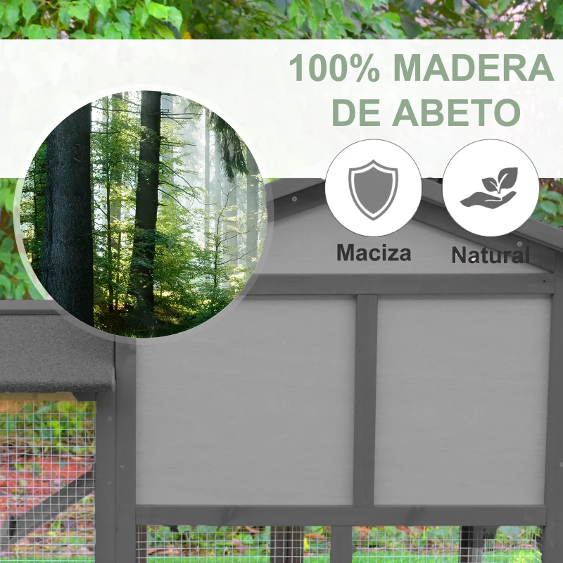 PawHut Conejera de Madera de Exterior Jaula para Conejos con Bandeja Extraíble y Rampa Antideslizante 147x54x84 cm Gris