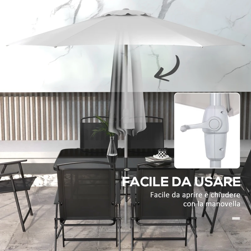 Outsunny Set da Giardino con Tavolo da Pranzo, 6 Sedie Pieghevoli e Ombrellone a Manovella, Grigio e Nero